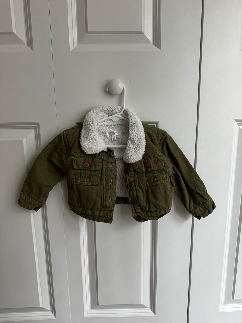 Tahari Olive Green Kids Jean Jacket with White Sherpa Collar